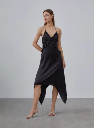 Black Ruffled Halter Neck Silky Dress