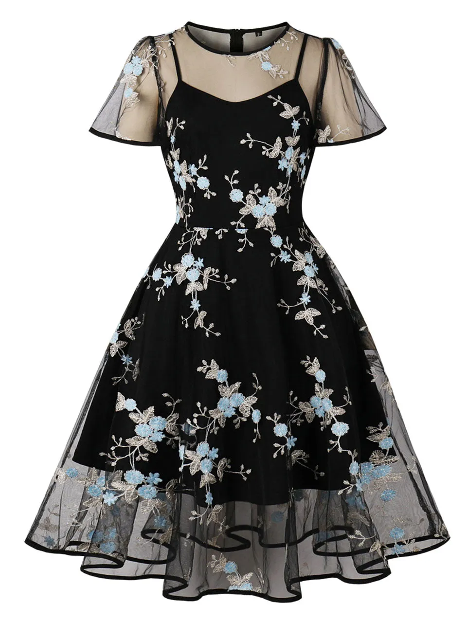 Black Semi Sheer Butterfly Lace Embroidered 1950S Vintage Dress