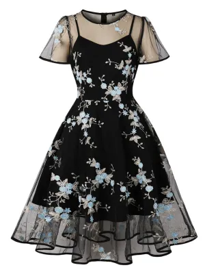 Black Semi Sheer Butterfly Lace Embroidered 1950S Vintage Dress