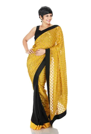 BLACK SILK SAREE WITH YELLOW BROCADE AND BLACK BORDER