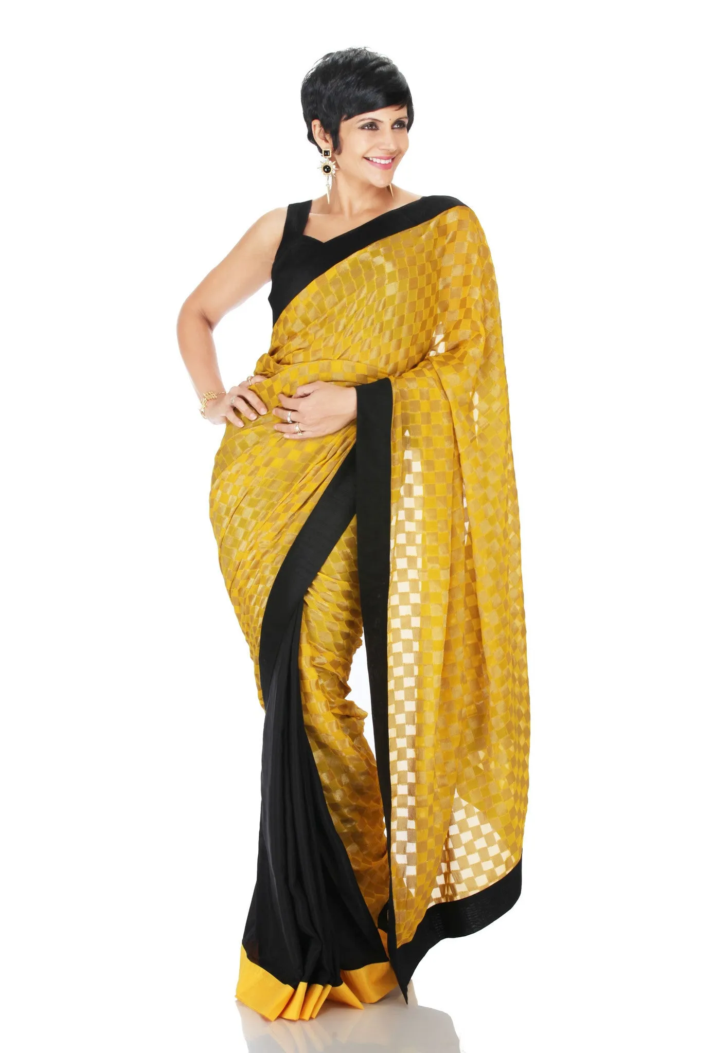 BLACK SILK SAREE WITH YELLOW BROCADE AND BLACK BORDER