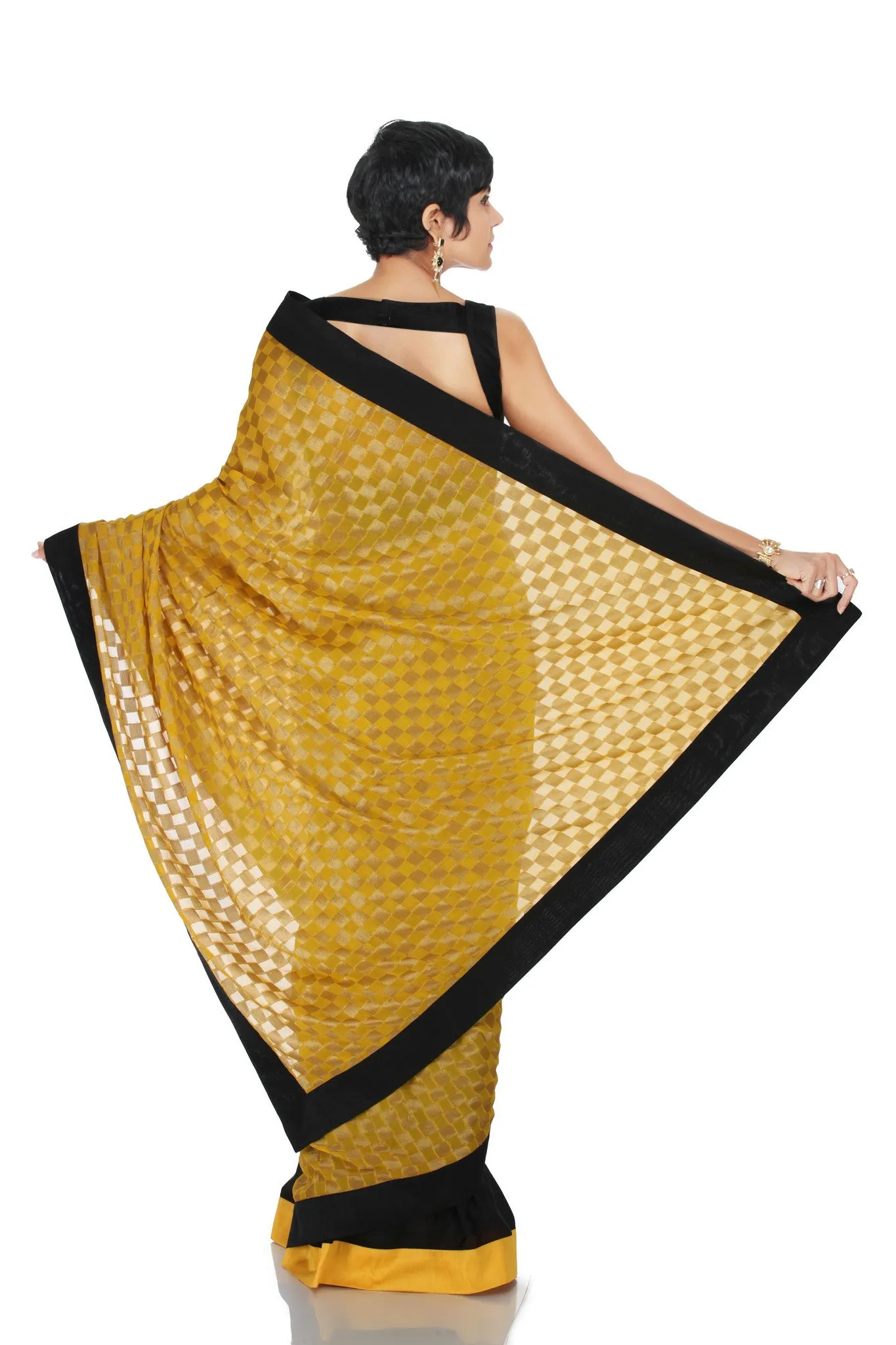 BLACK SILK SAREE WITH YELLOW BROCADE AND BLACK BORDER