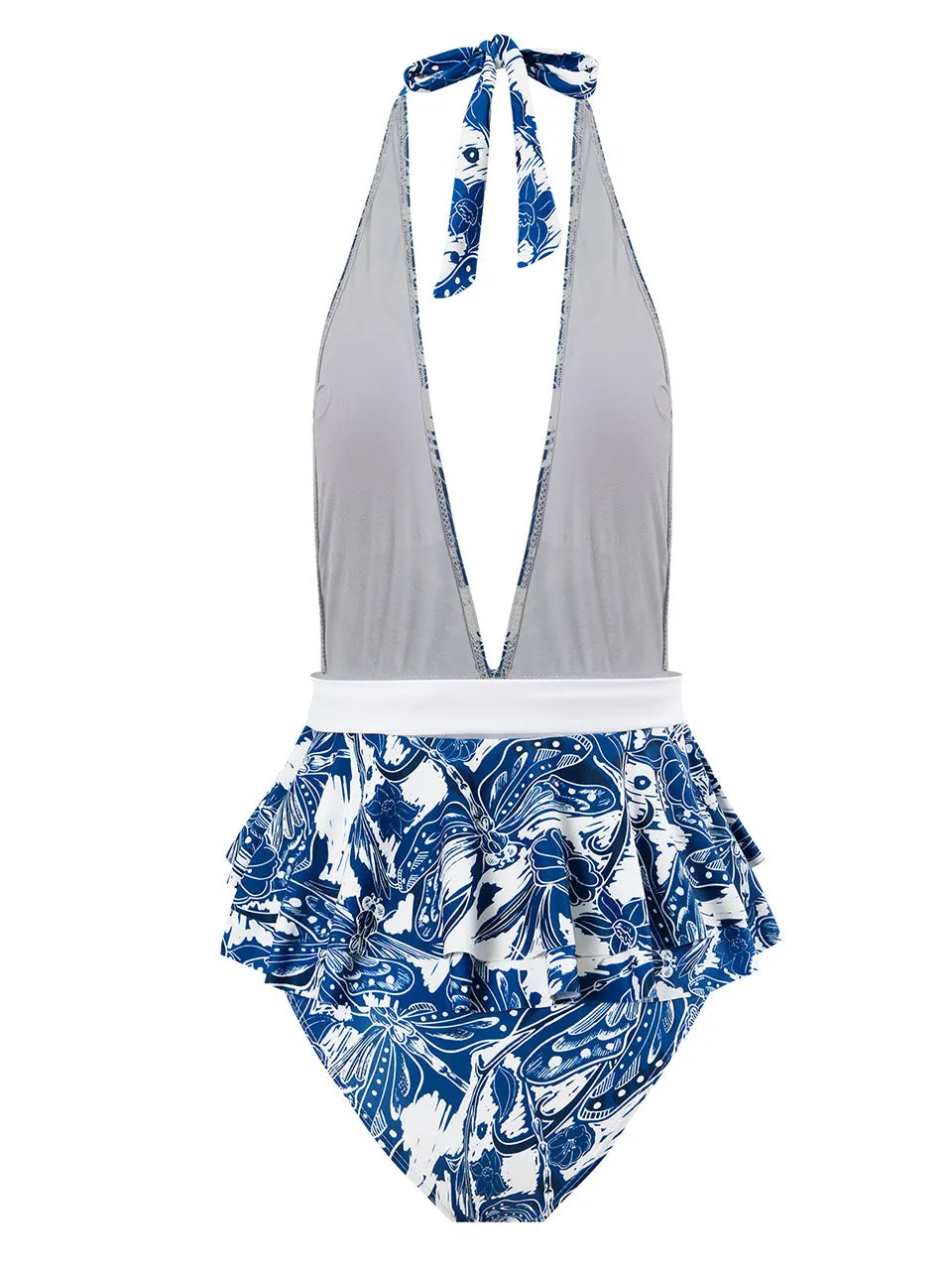 Blue Dragonfly Print V Neck One Piece With Bathing Suit Swing Skirt