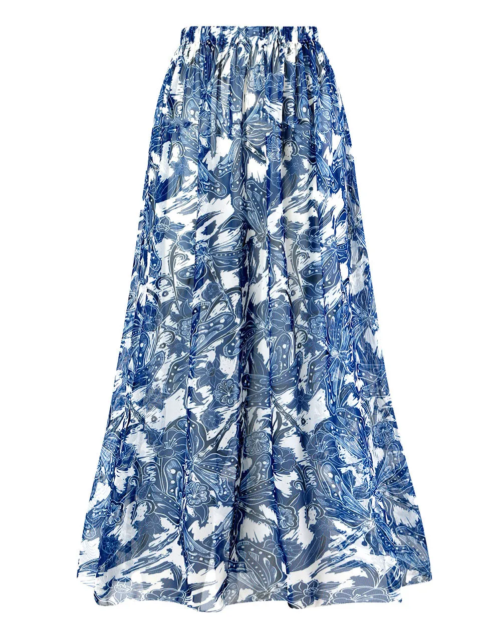 Blue Dragonfly Print V Neck One Piece With Bathing Suit Swing Skirt