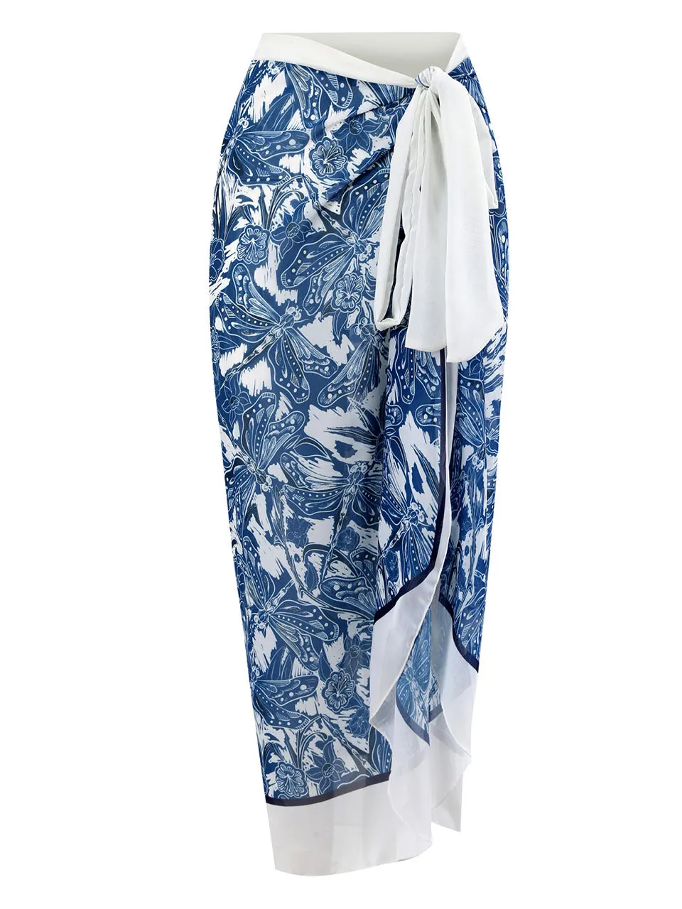 Blue Dragonfly Print V Neck One Piece With Bathing Suit Wrap Skirt