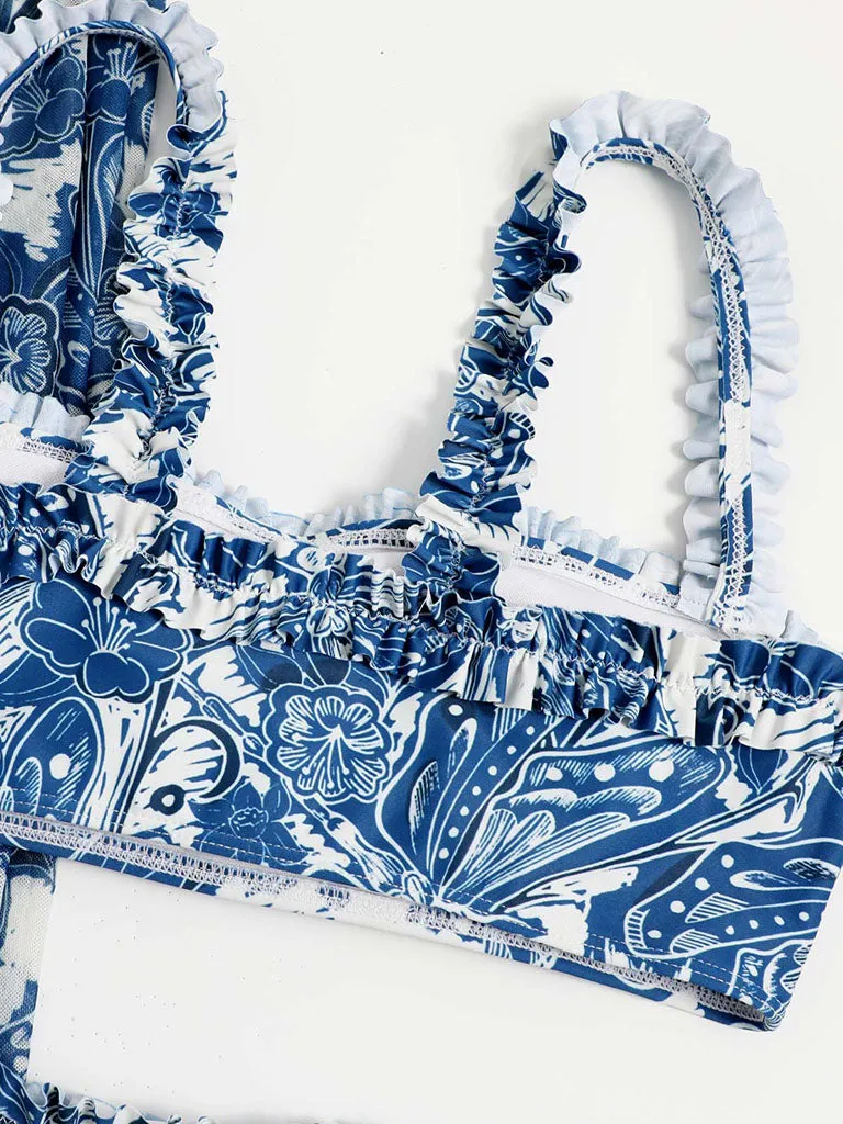 Blue Floral Print Retro Style Strap Bikini Two Piece With Bathing Suit Swing Skirt