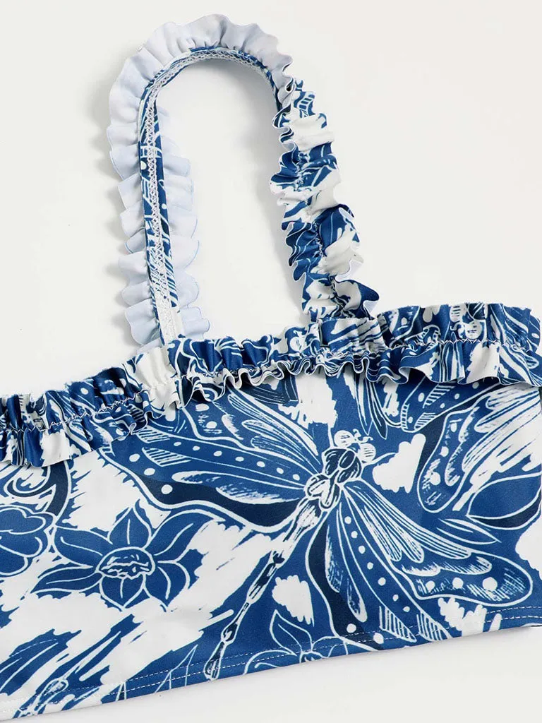 Blue Floral Print Retro Style Strap Bikini Two Piece With Bathing Suit Swing Skirt