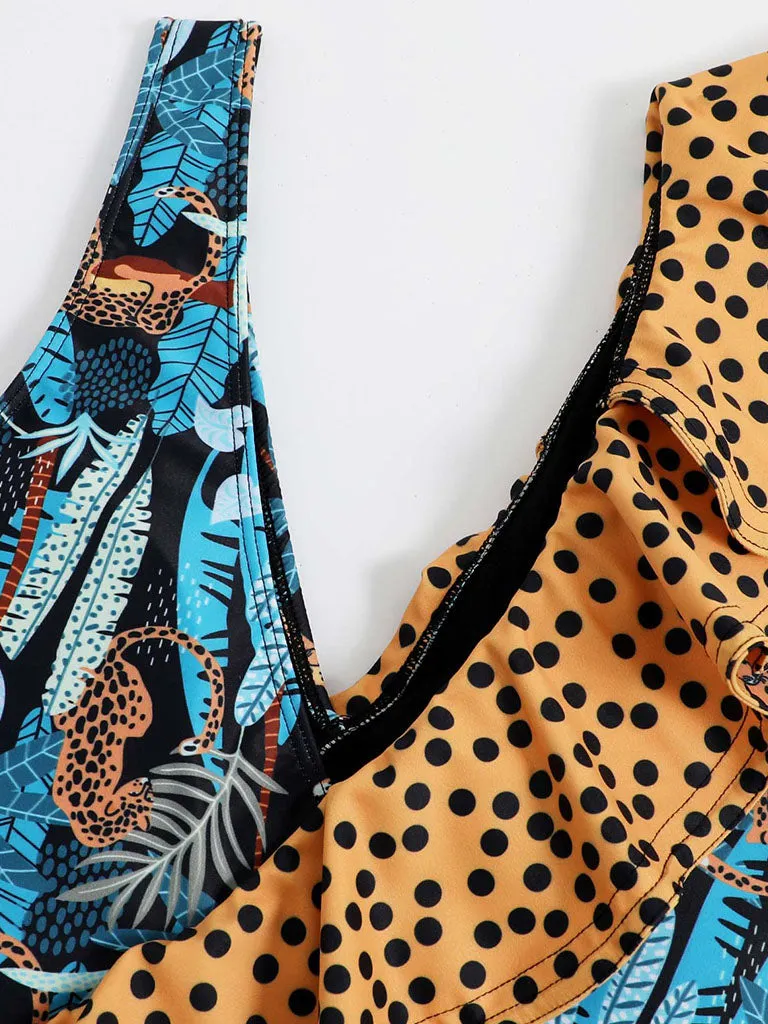 Blue Leopard Print V Neck One Piece With Bathing Suit Wrap Skirt
