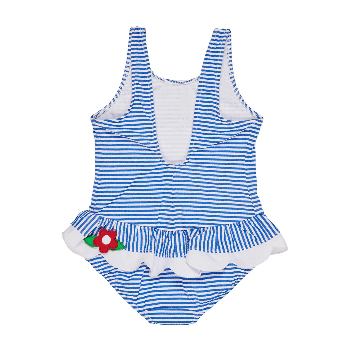 Blue Stripe Seersucker Swimsuit with Appliqued Flowers