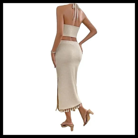 BOUTIQUE Skirt Set Halter Neck &amp; Backless Crop Top With High Waist Split…
