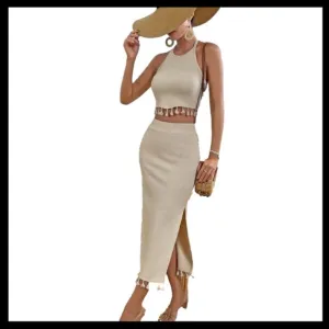 BOUTIQUE Skirt Set Halter Neck &amp; Backless Crop Top With High Waist Split…