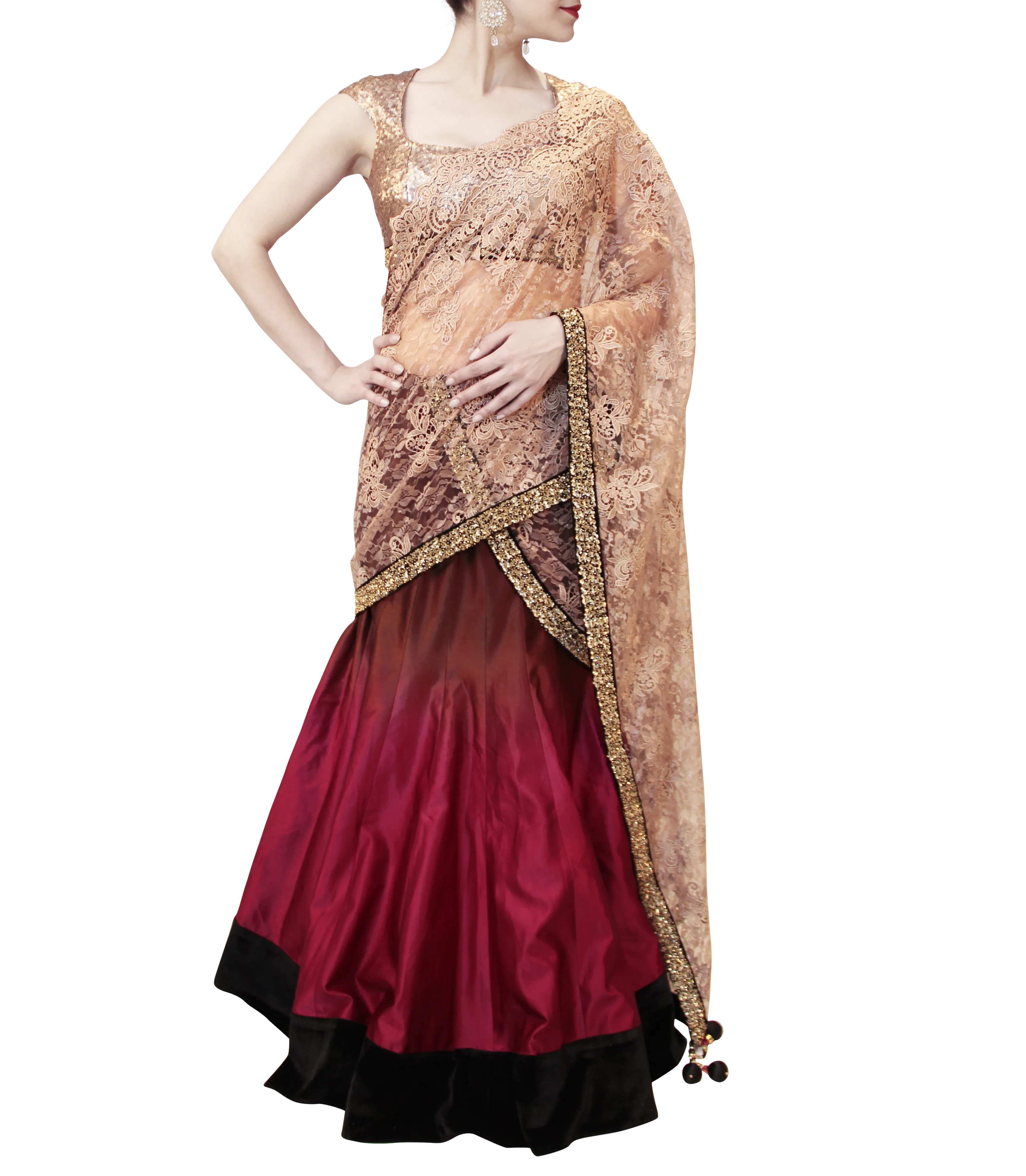 BROWN AND PLUM LEHENGA SAREE