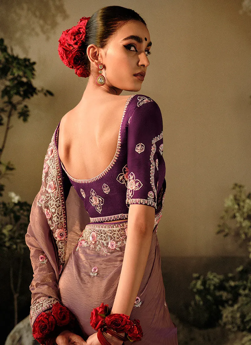 Brown And Purple Multi Embroidery Wedding Silk Saree