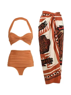 Brown Halter Bikini With Bathing Suit Warp Skirt