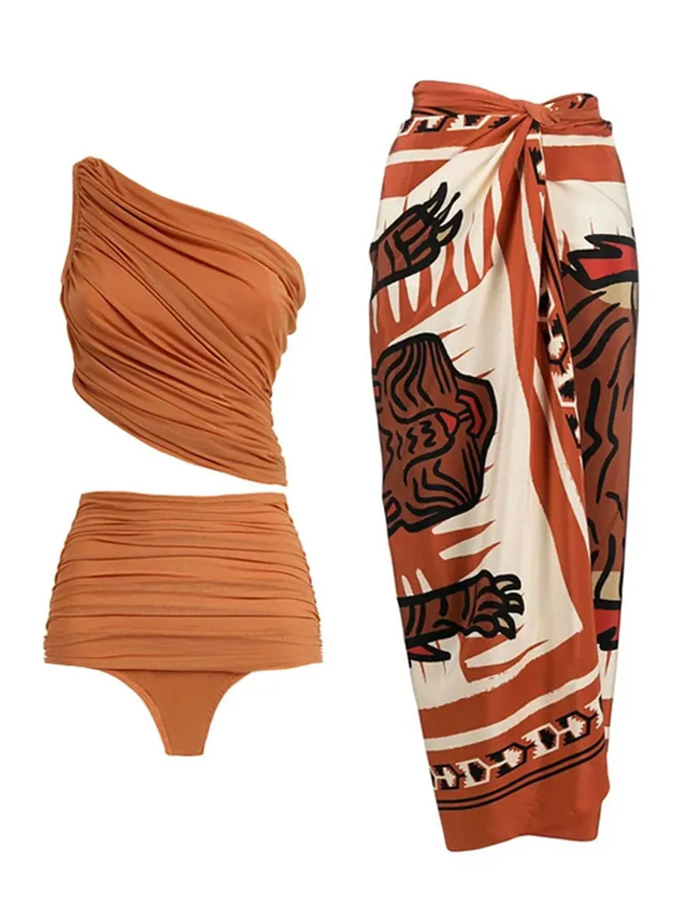Brown One Shoulder Bikini With Bathing Suit Warp Skirt