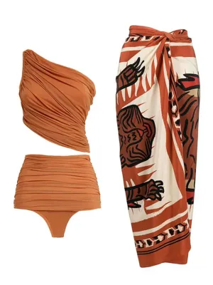 Brown One Shoulder Bikini With Bathing Suit Warp Skirt