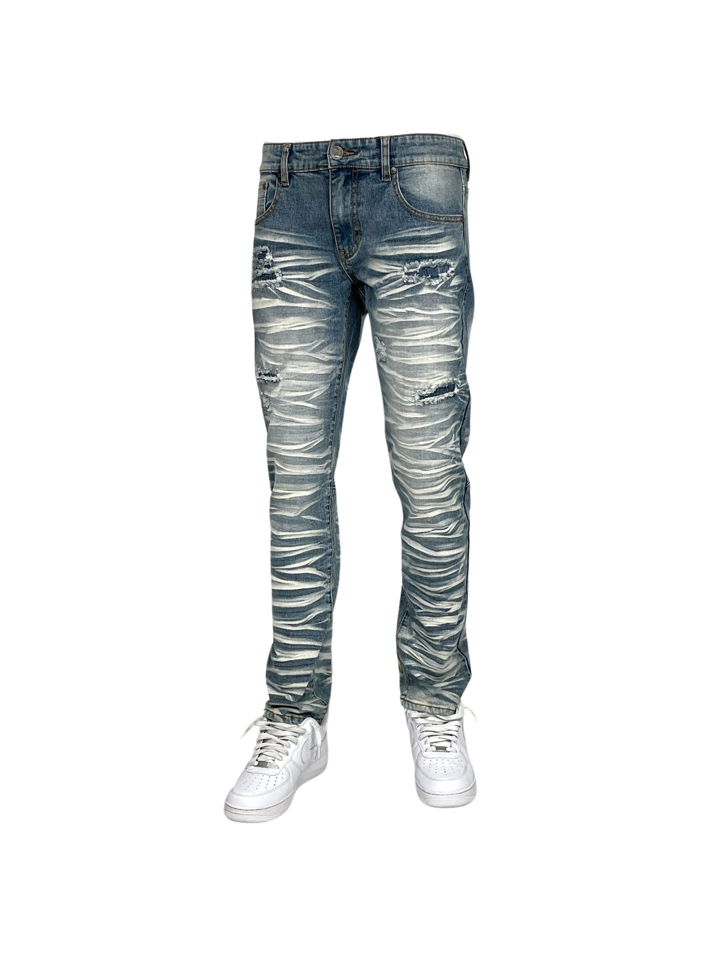 BTP23097: Slashed Wash Slim Fit Denim Pants