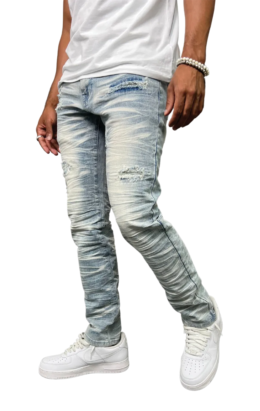 BTP23097: Slashed Wash Slim Fit Denim Pants