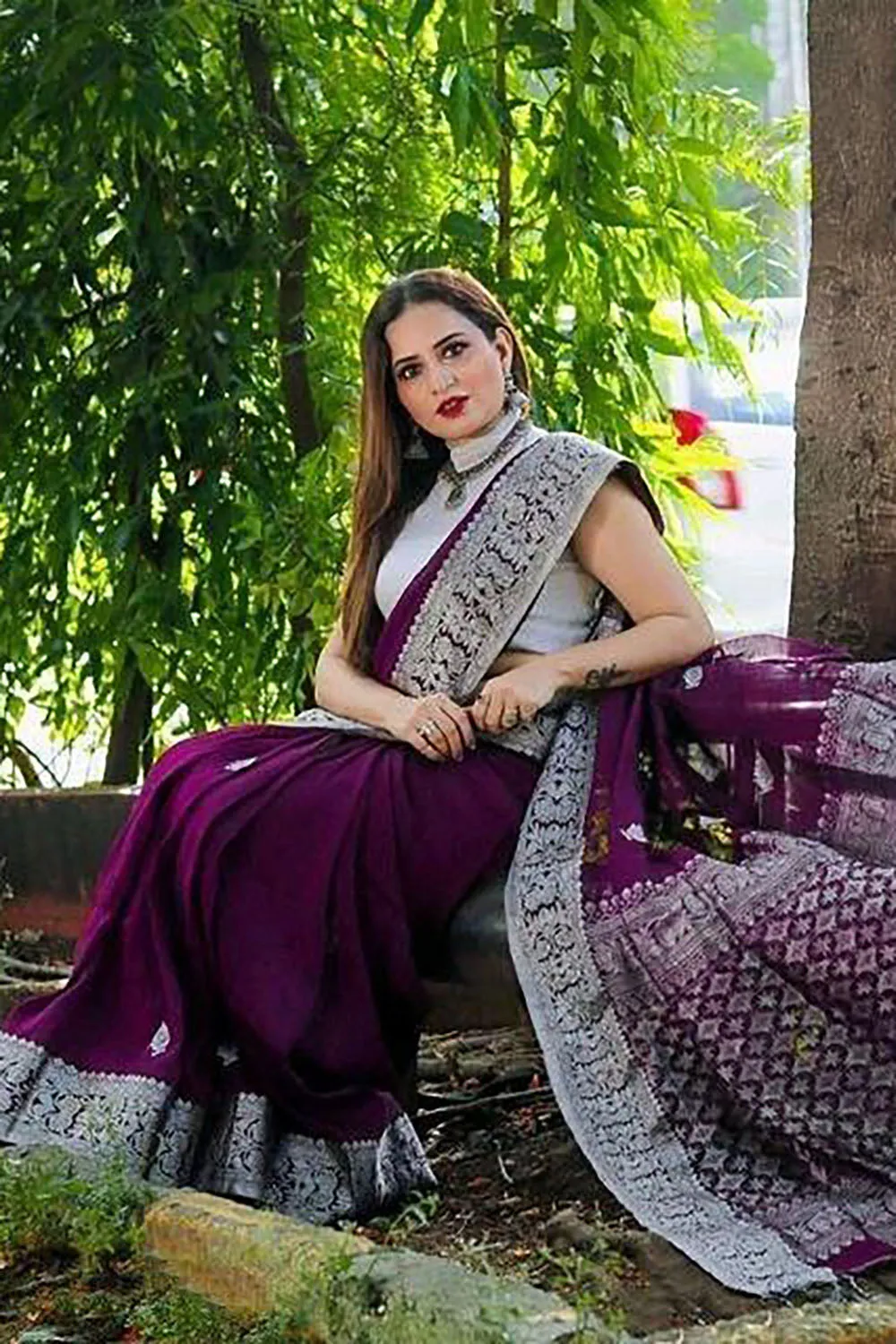 Burgundy Purple Banarasi Silk Saree With Zari Weaving Work