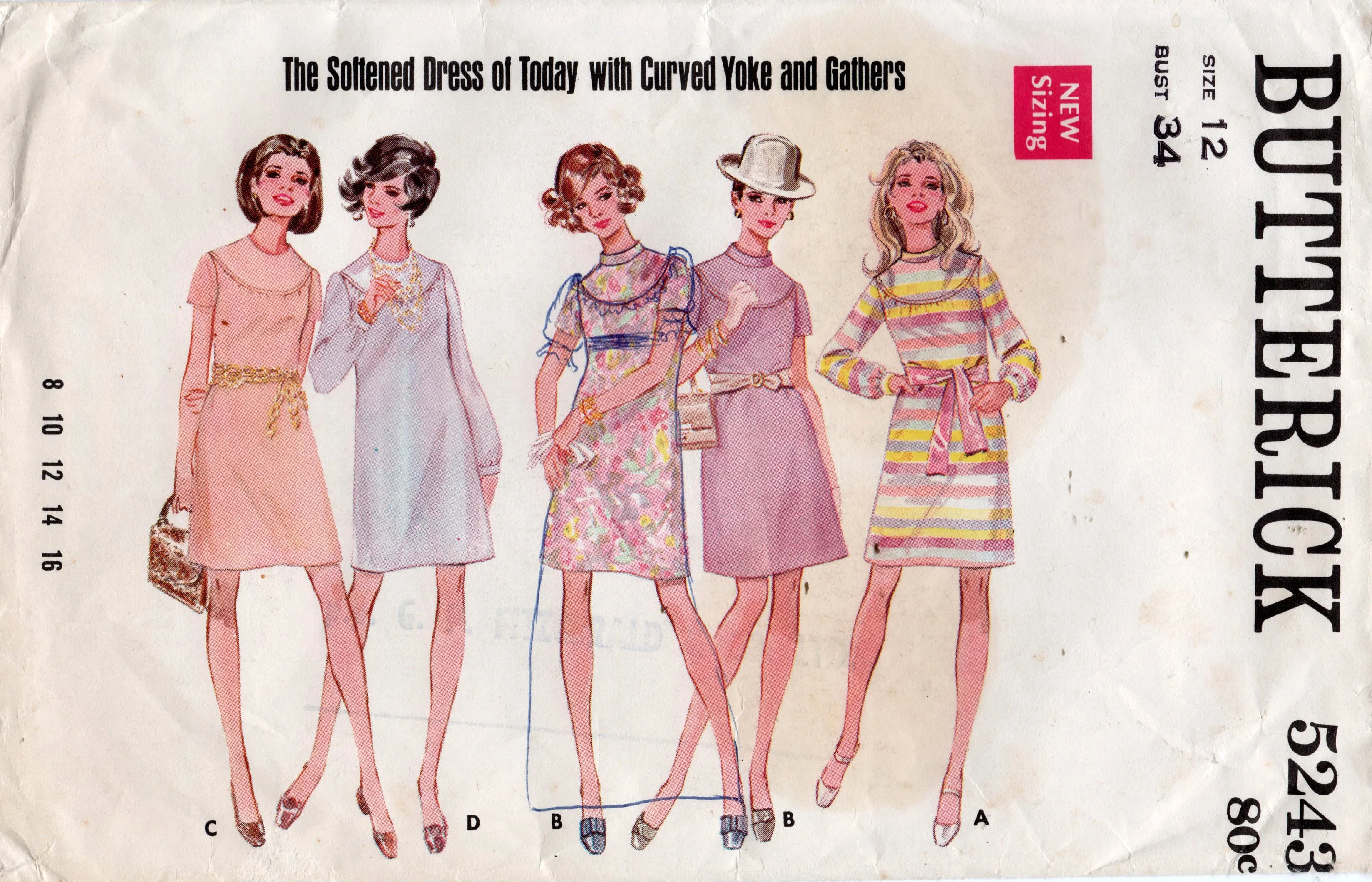 Butterick 5243 Womens Round Yoked Shift Dress 1960s Vintage Sewing Pattern Size 12 Bust 34 inches