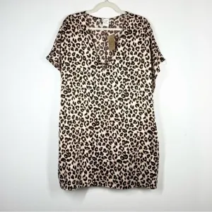 BY TOGETHER Cheeky Peach Leopard Cheetah Shift Dress Pockets V Neck Oversized L