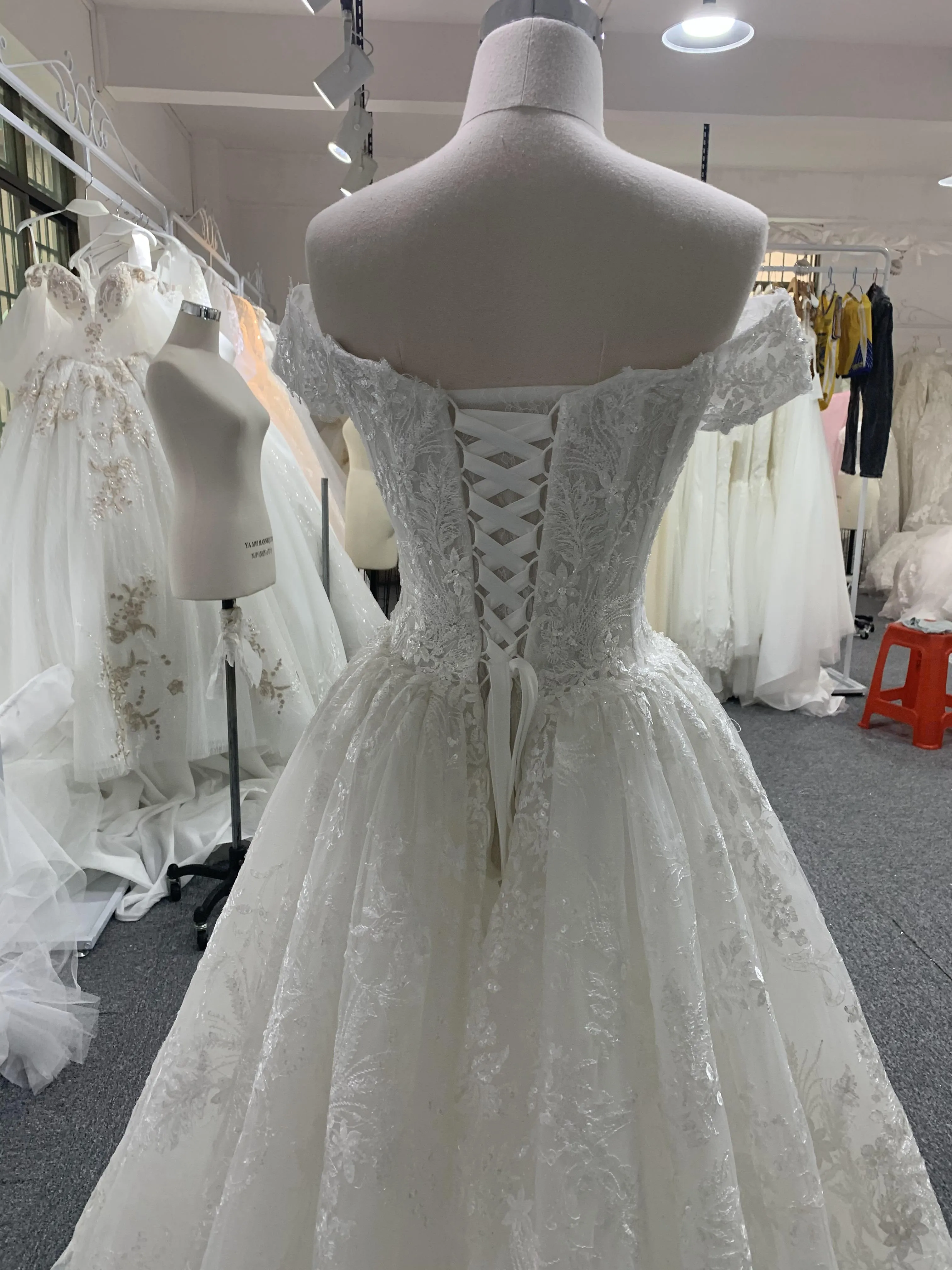 BYG beautiful off the shouler champagne A line wedding dress