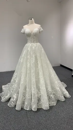 BYG beautiful off the shouler champagne A line wedding dress