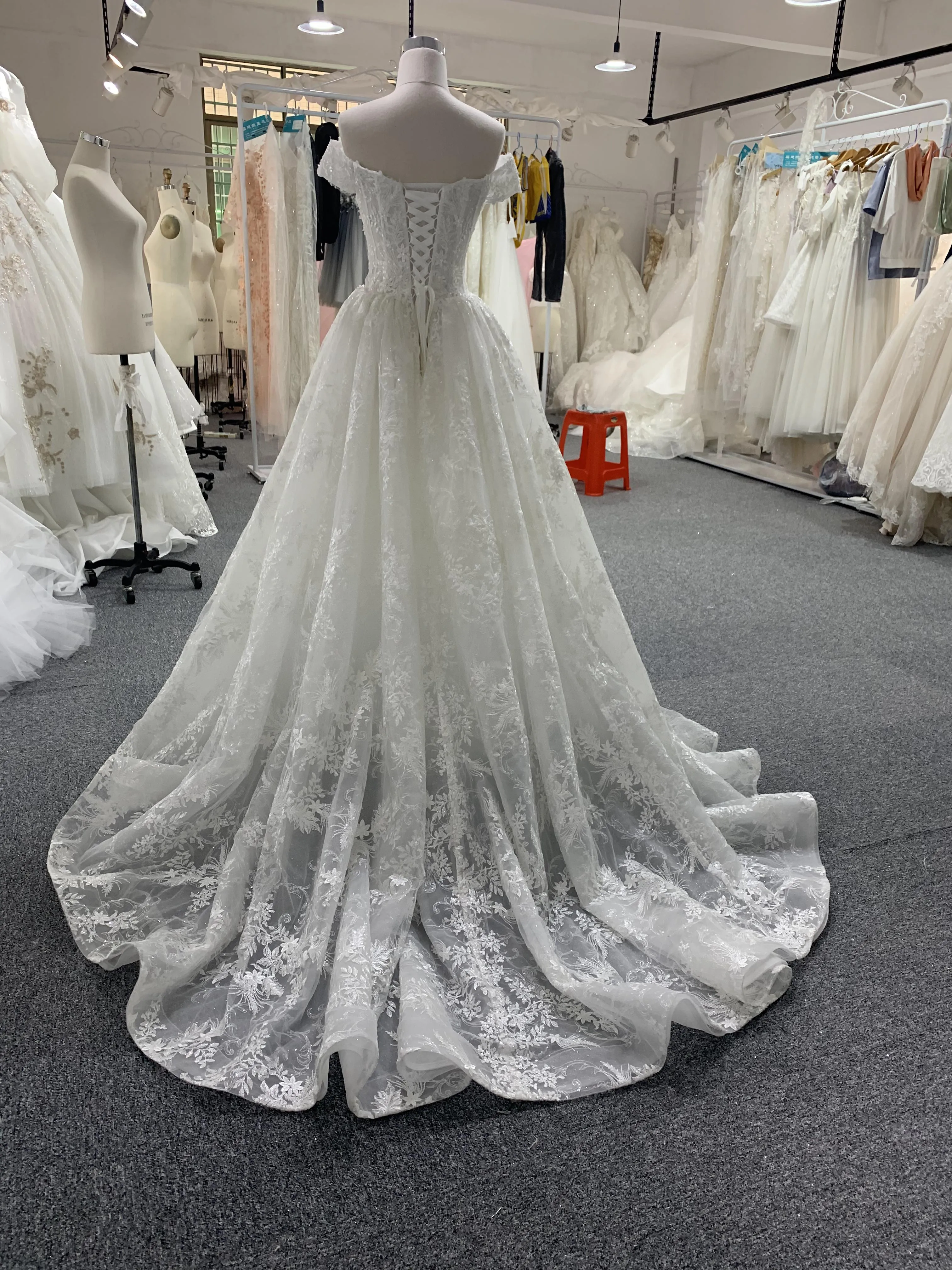 BYG beautiful off the shouler champagne A line wedding dress
