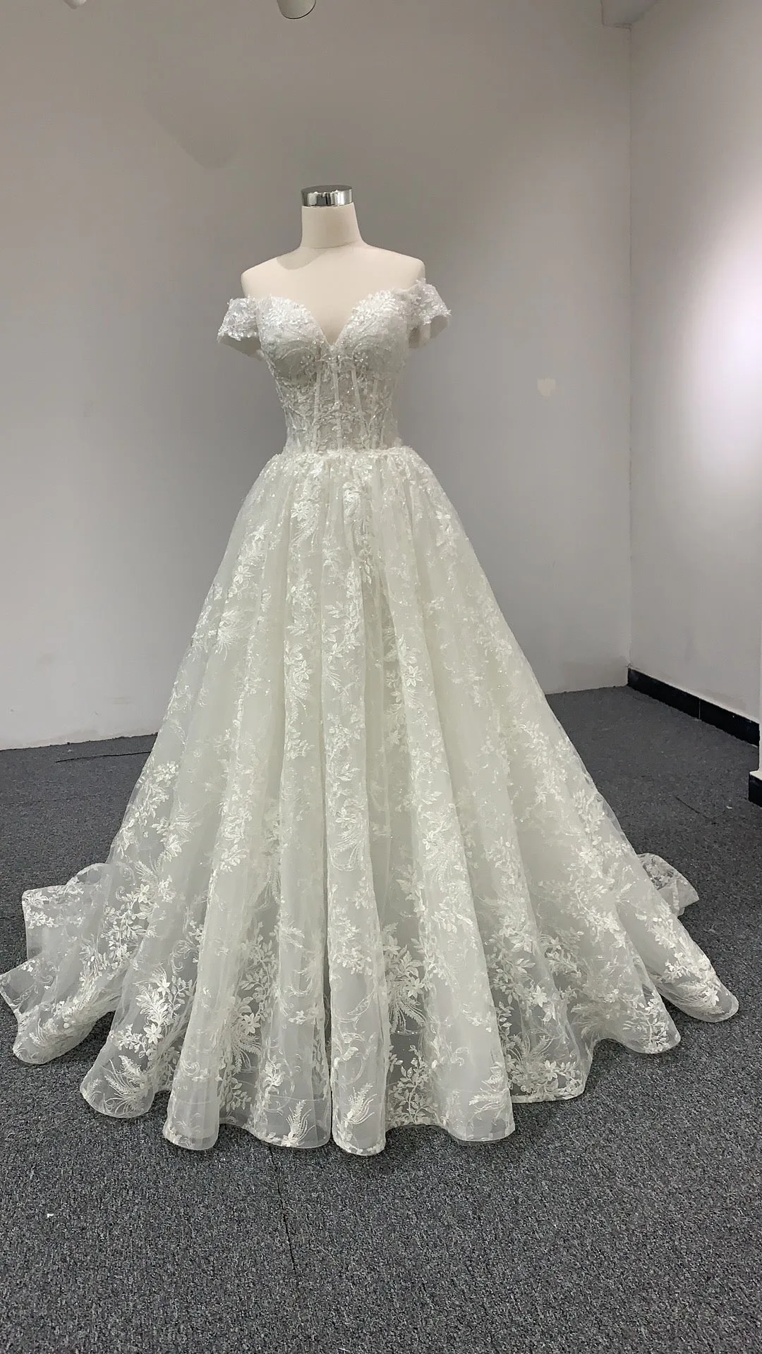 BYG beautiful off the shouler champagne A line wedding dress