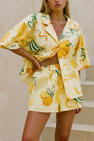 Casual Lemon Graffiti Two -piece Suit