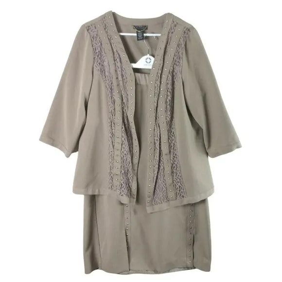 Catherines Black Label 2pc Suit Skirt Blazer Size 0x 14/16W Tan Stud Lace Accent