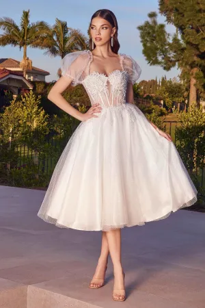 CD CD0187W - Tea Length Shimmering Tulle Wedding Dress with Sheer Boned Applique Embellished Bodice & Optional Puff Sleeves