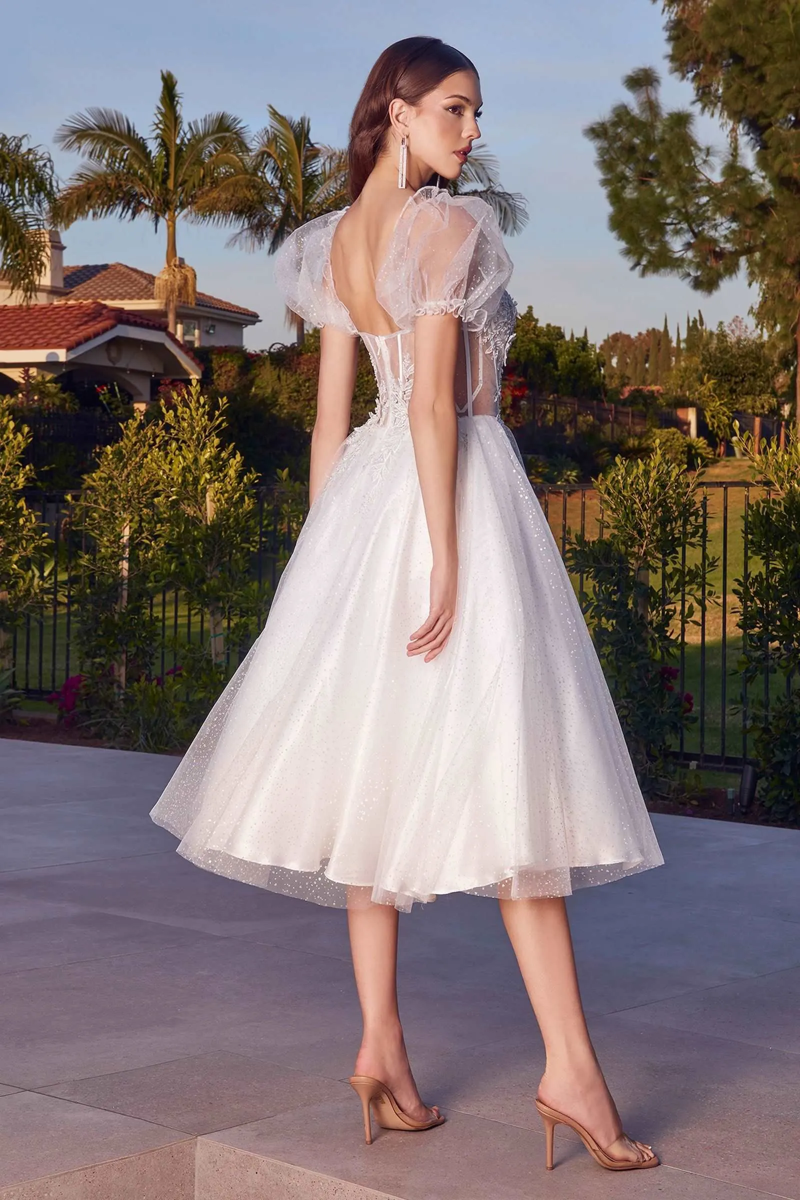 CD CD0187W - Tea Length Shimmering Tulle Wedding Dress with Sheer Boned Applique Embellished Bodice & Optional Puff Sleeves