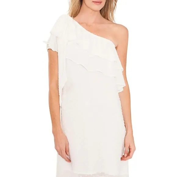 Cece Clip Dot Cap Sleeve Tie One Shoulder Ruffle Shift Dress