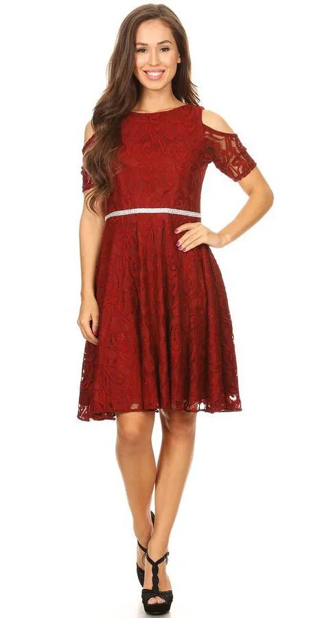 Celavie 6307 Lace A-Line Dress Cold Shoulder Short Sleeves