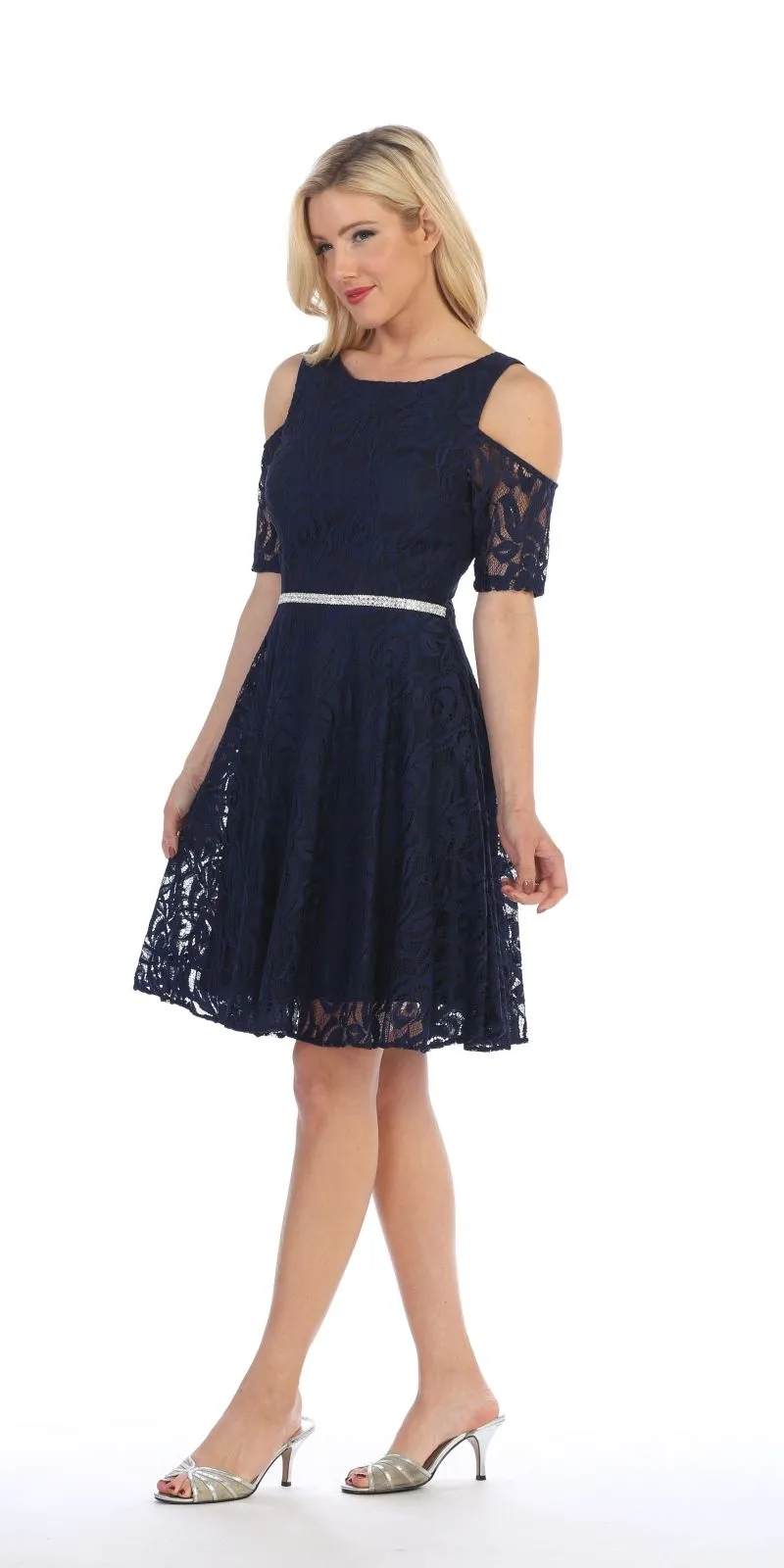 Celavie 6307 Lace A-Line Dress Cold Shoulder Short Sleeves