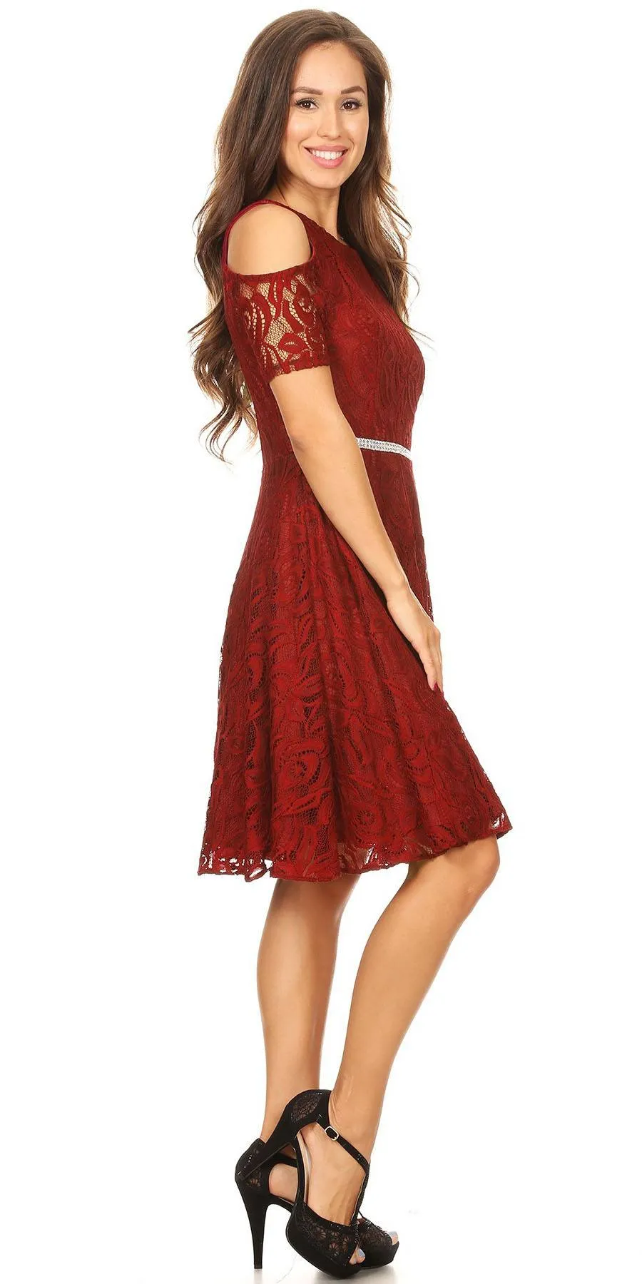 Celavie 6307 Lace A-Line Dress Cold Shoulder Short Sleeves