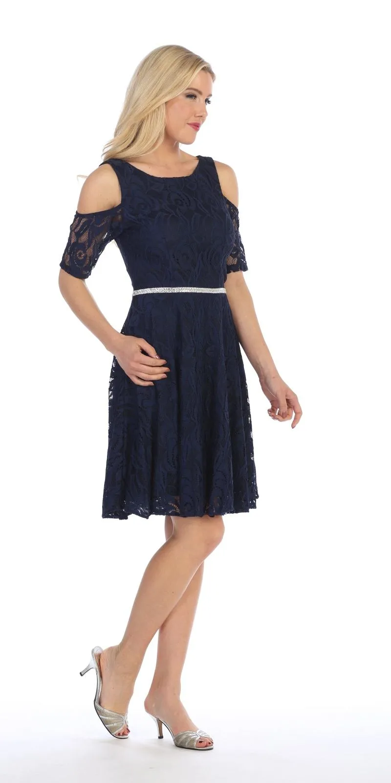 Celavie 6307 Lace A-Line Dress Cold Shoulder Short Sleeves