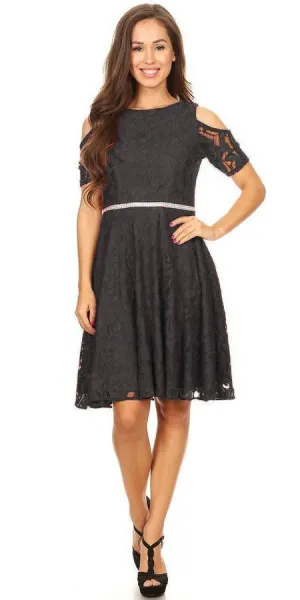 Celavie 6307 Lace A-Line Dress Cold Shoulder Short Sleeves