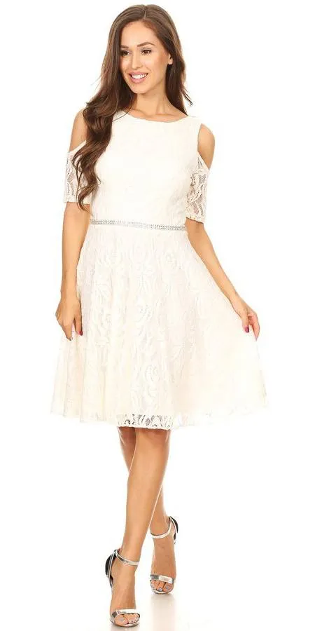Celavie 6307 Lace A-Line Dress Cold Shoulder Short Sleeves