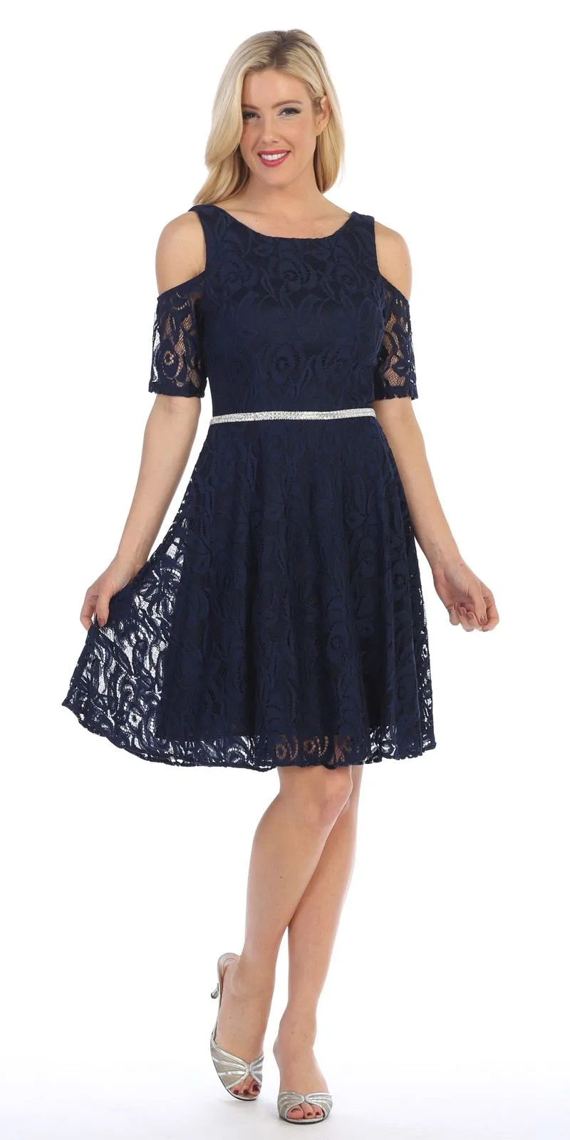 Celavie 6307 Lace A-Line Dress Cold Shoulder Short Sleeves