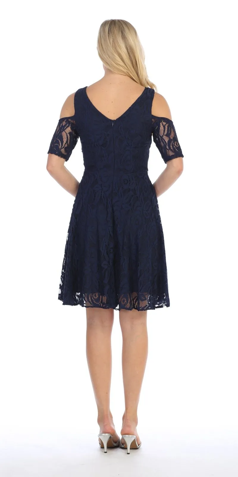 Celavie 6307 Lace A-Line Dress Cold Shoulder Short Sleeves