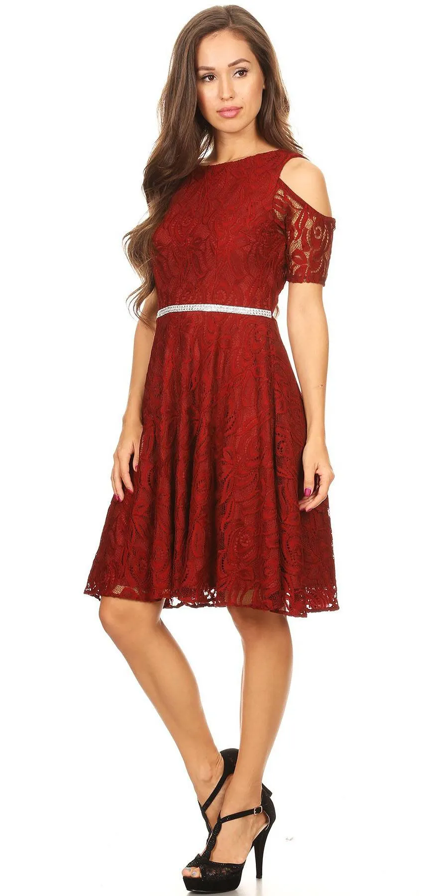 Celavie 6307 Lace A-Line Dress Cold Shoulder Short Sleeves