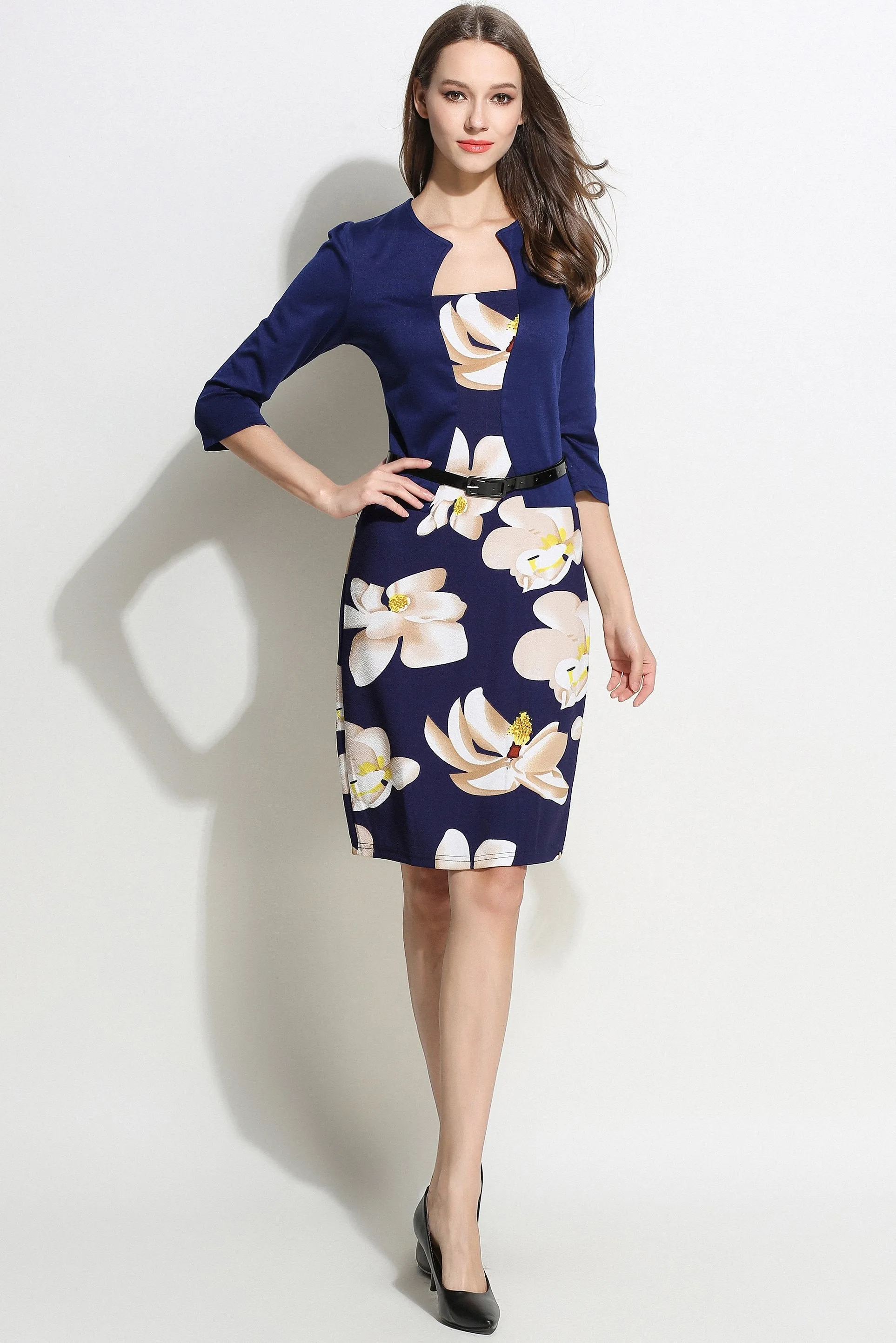Celino Ladies Official Three Quarter Sleeve Floral Yellow Mini Dress