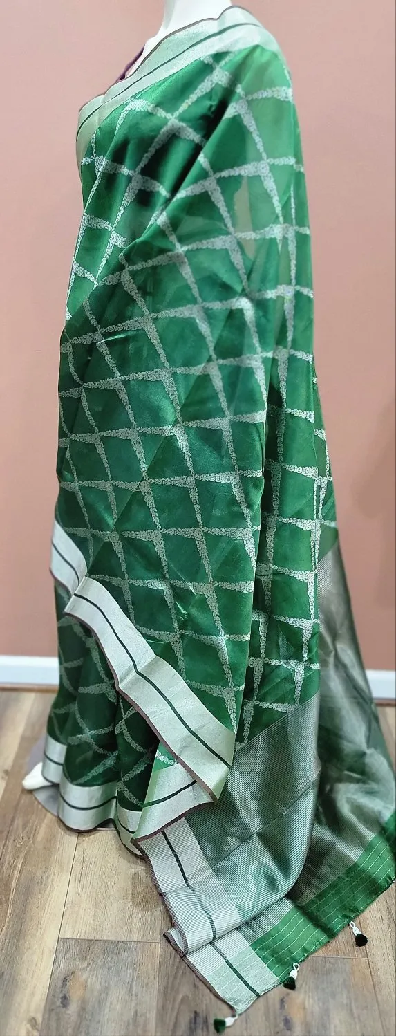 Chanderi Pattu Saree in Green W/ Custom Blouse.