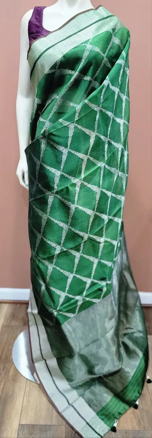 Chanderi Pattu Saree in Green W/ Custom Blouse.