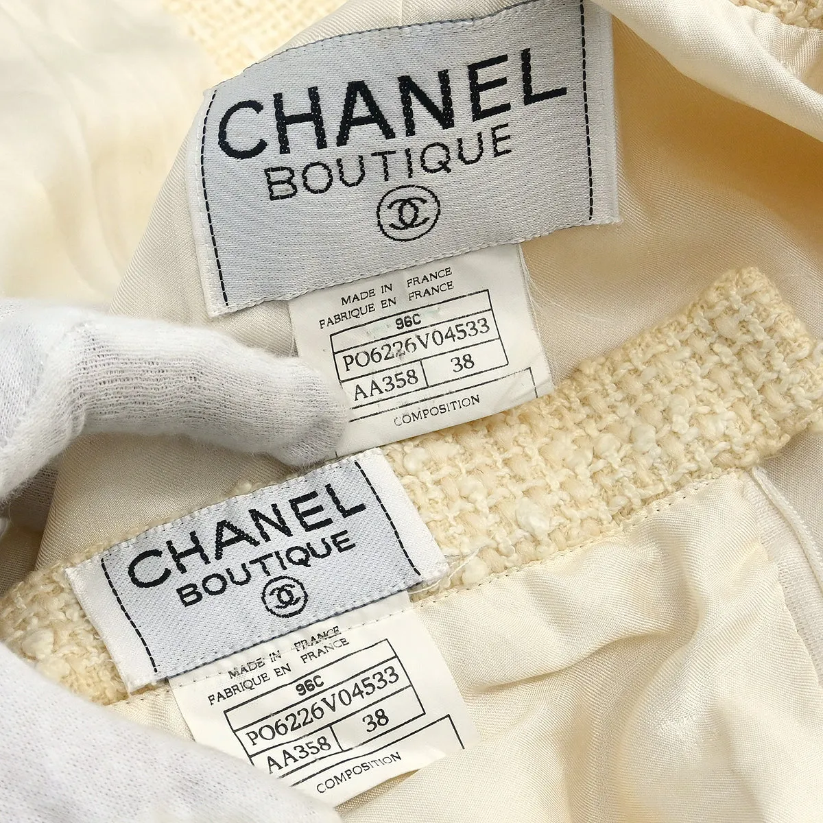 Chanel Setup Suit Collarless Jacket Skirt Off-white 96C #38 153161