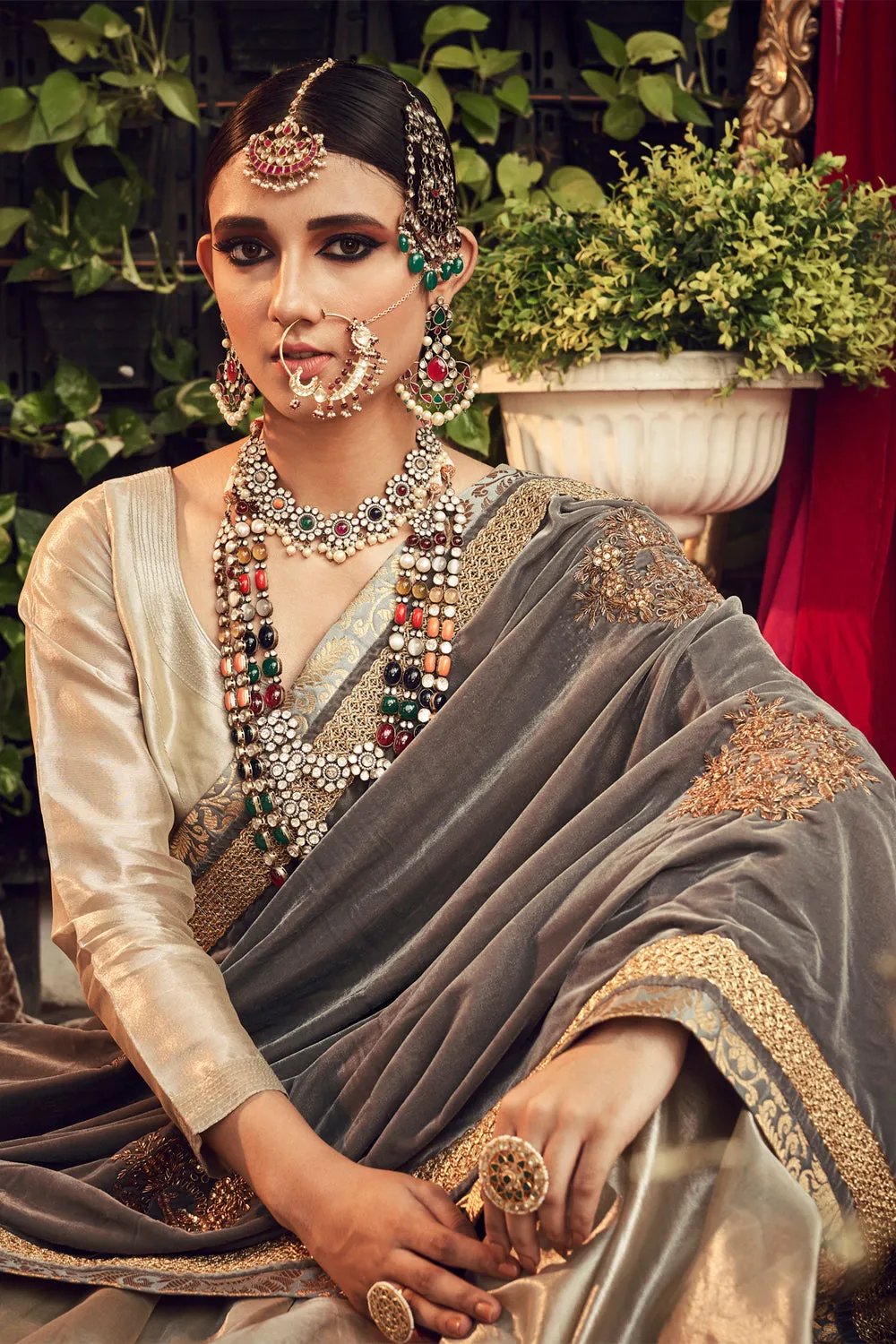 Chapagne Lengha Set With Velvet Dupatta Shawl