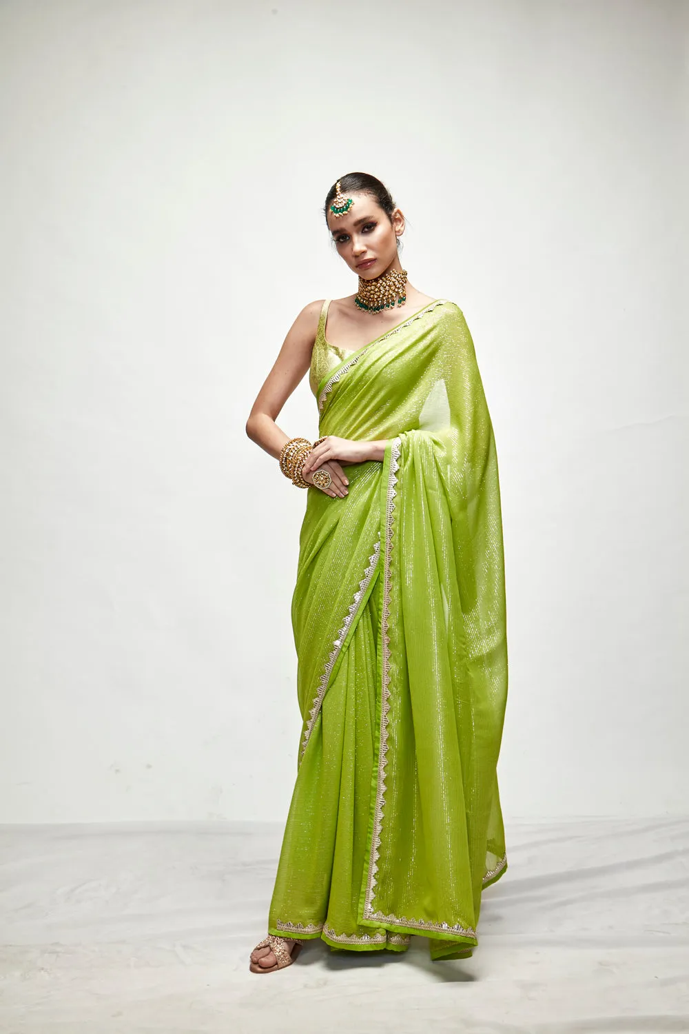 Chartreuse Green Mettalic Saree Set