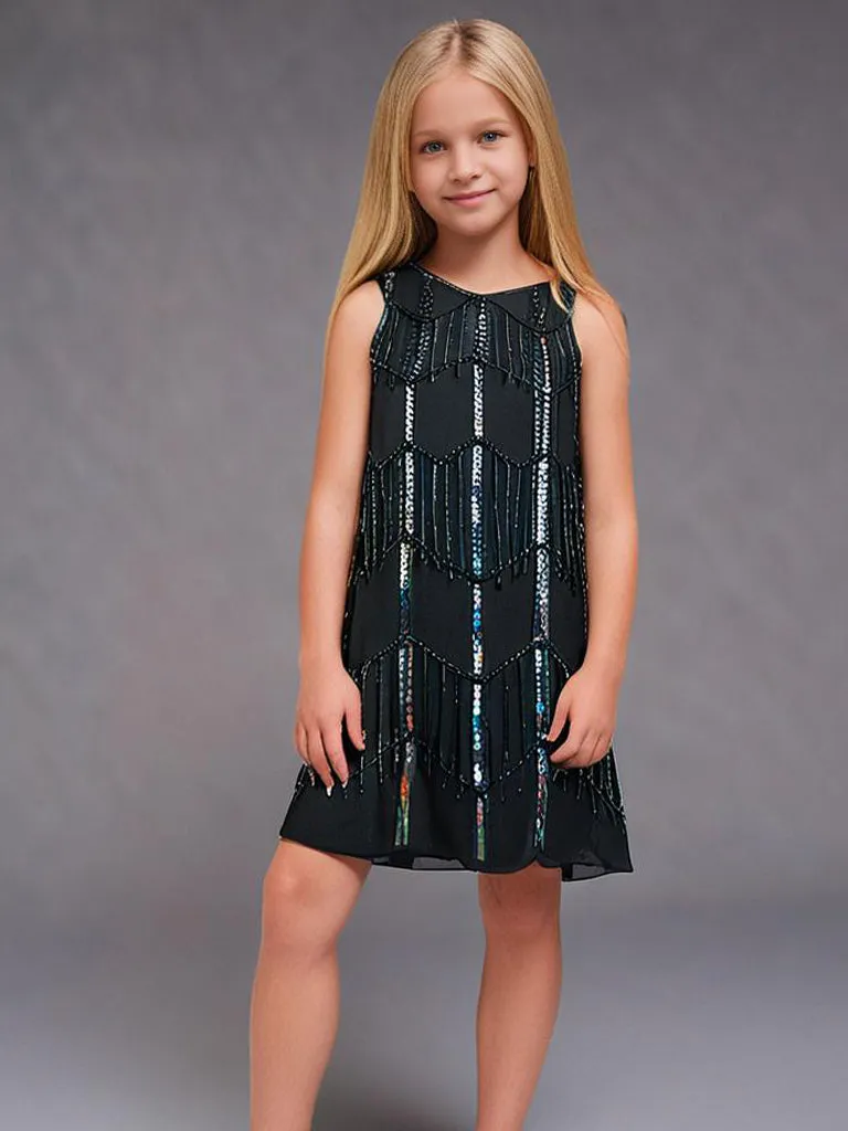 Cherry Crumble Black Geometrical Pattern 100% Polyester Sleeveless Round Neck Party Wear A Line Sequin and Beads Summer Dress For Girls